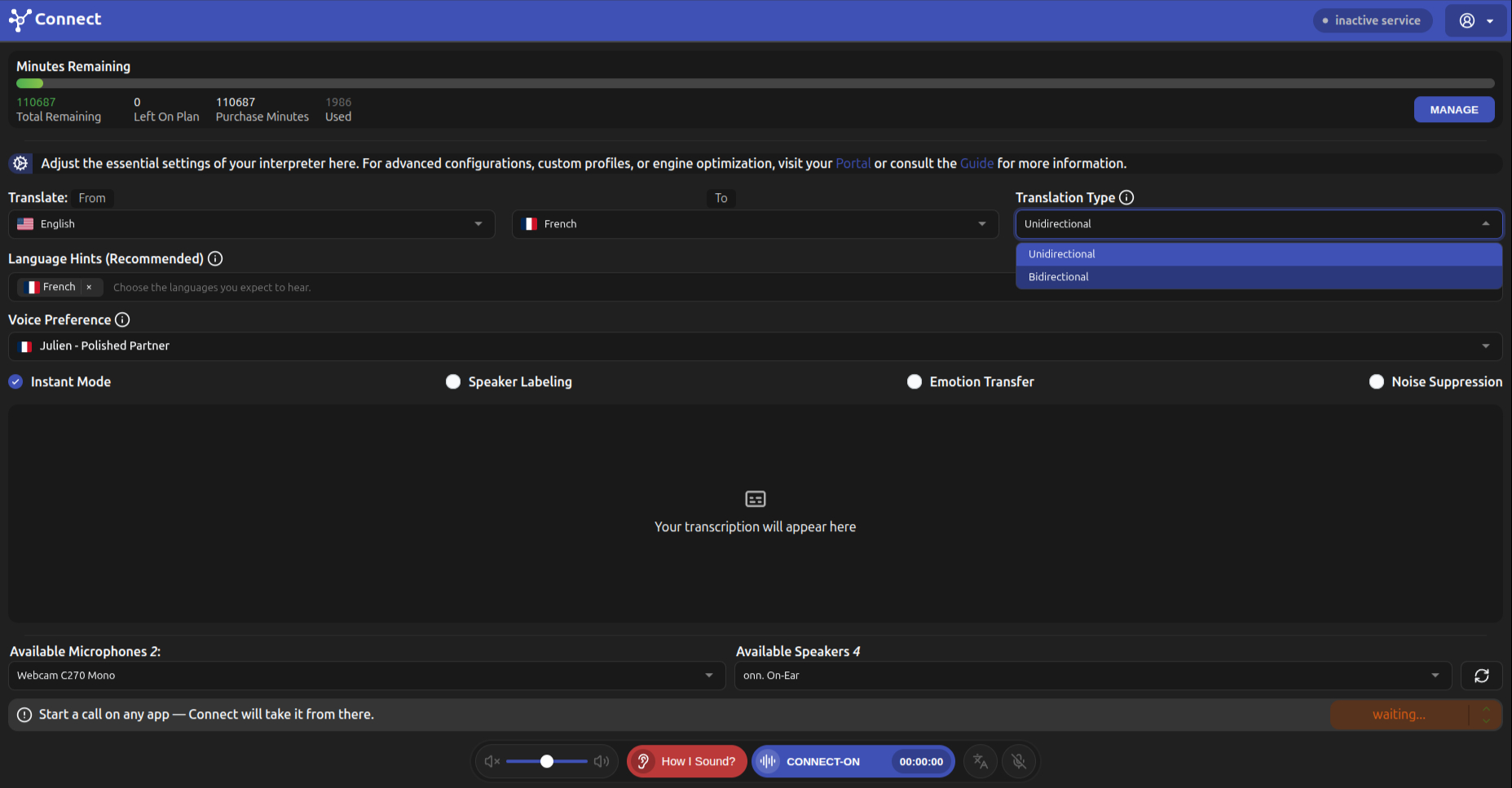 Connect main screen with translation settings, speaker labeling and language controls