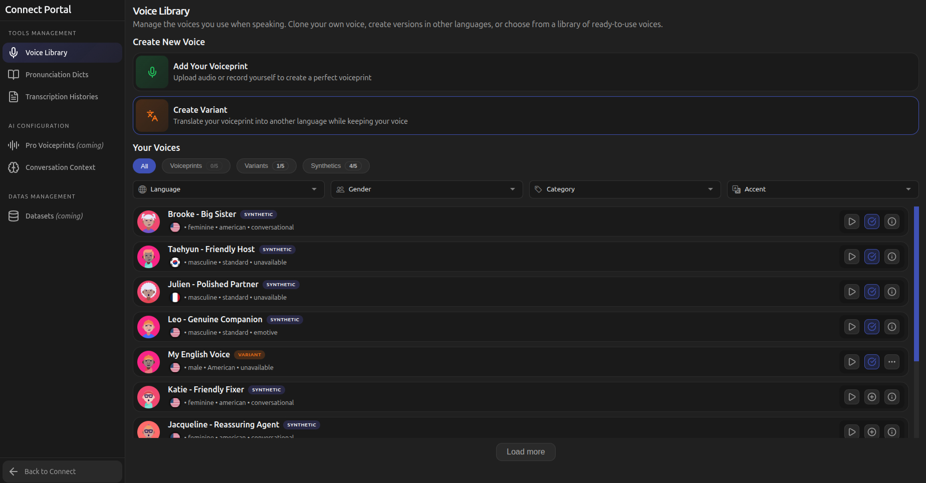 Voice Library screen showing available voices and create new variant option