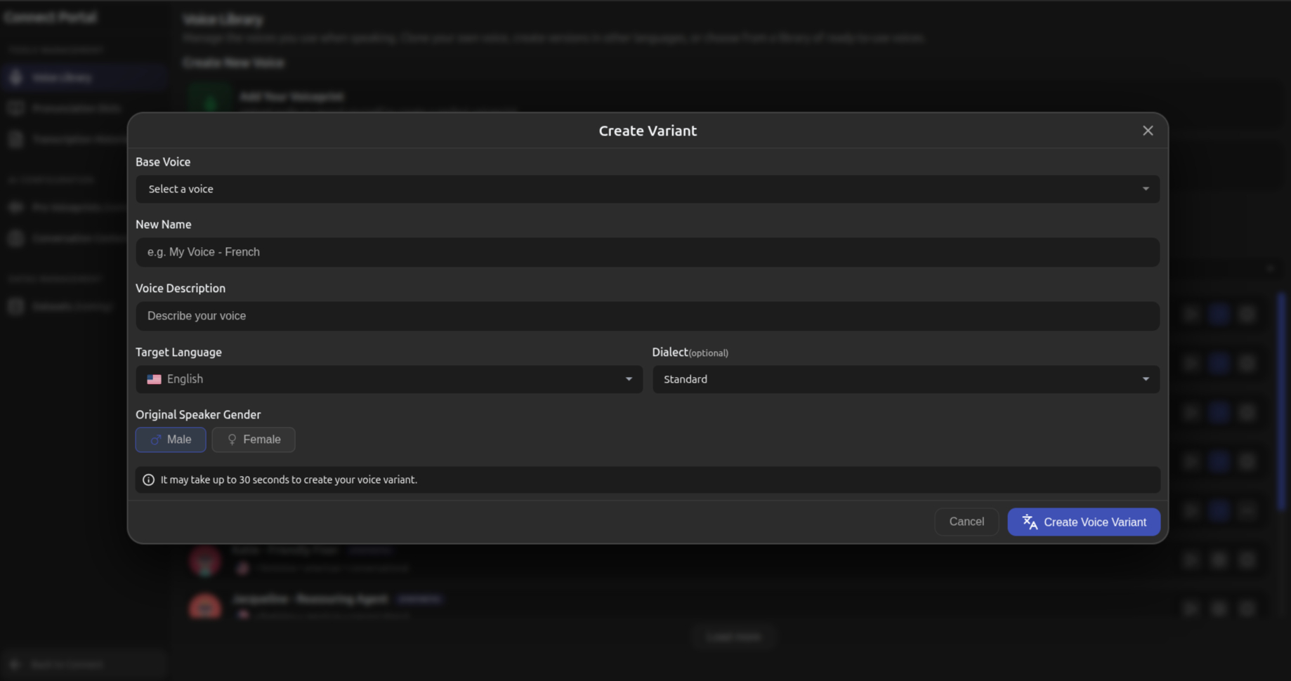 Create Voice Variant screen for selecting language and voice style