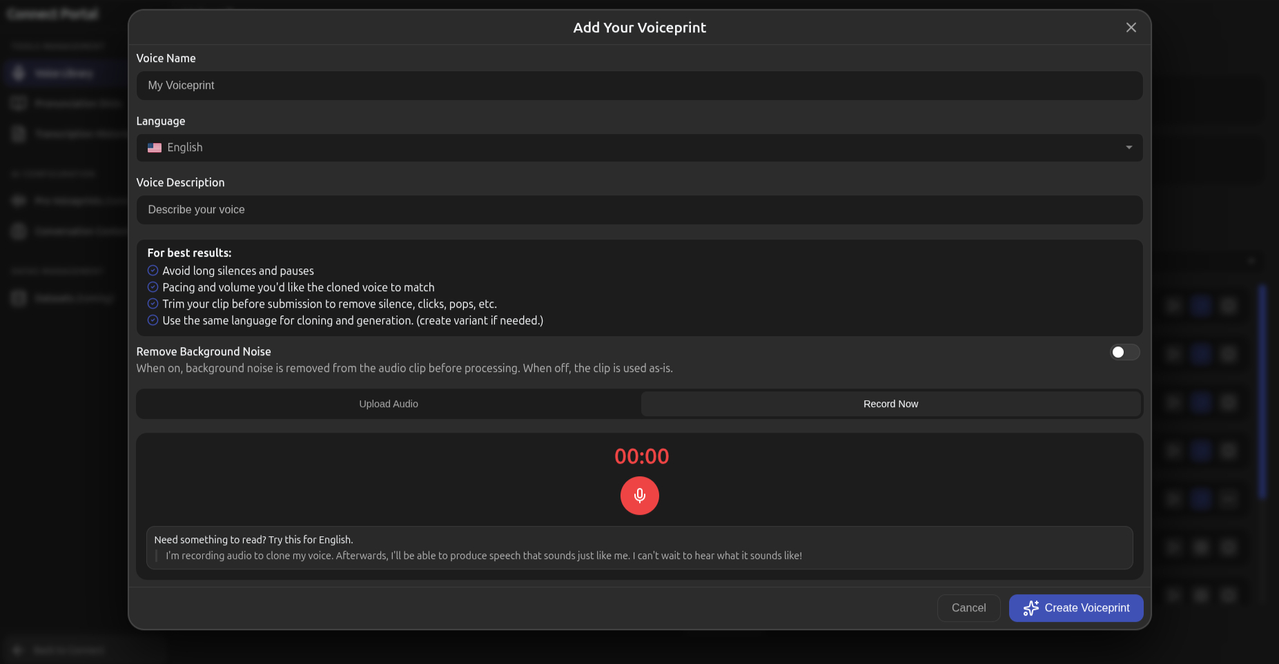 Add Your Voiceprint dialog with language, voice description, audio upload and recording options