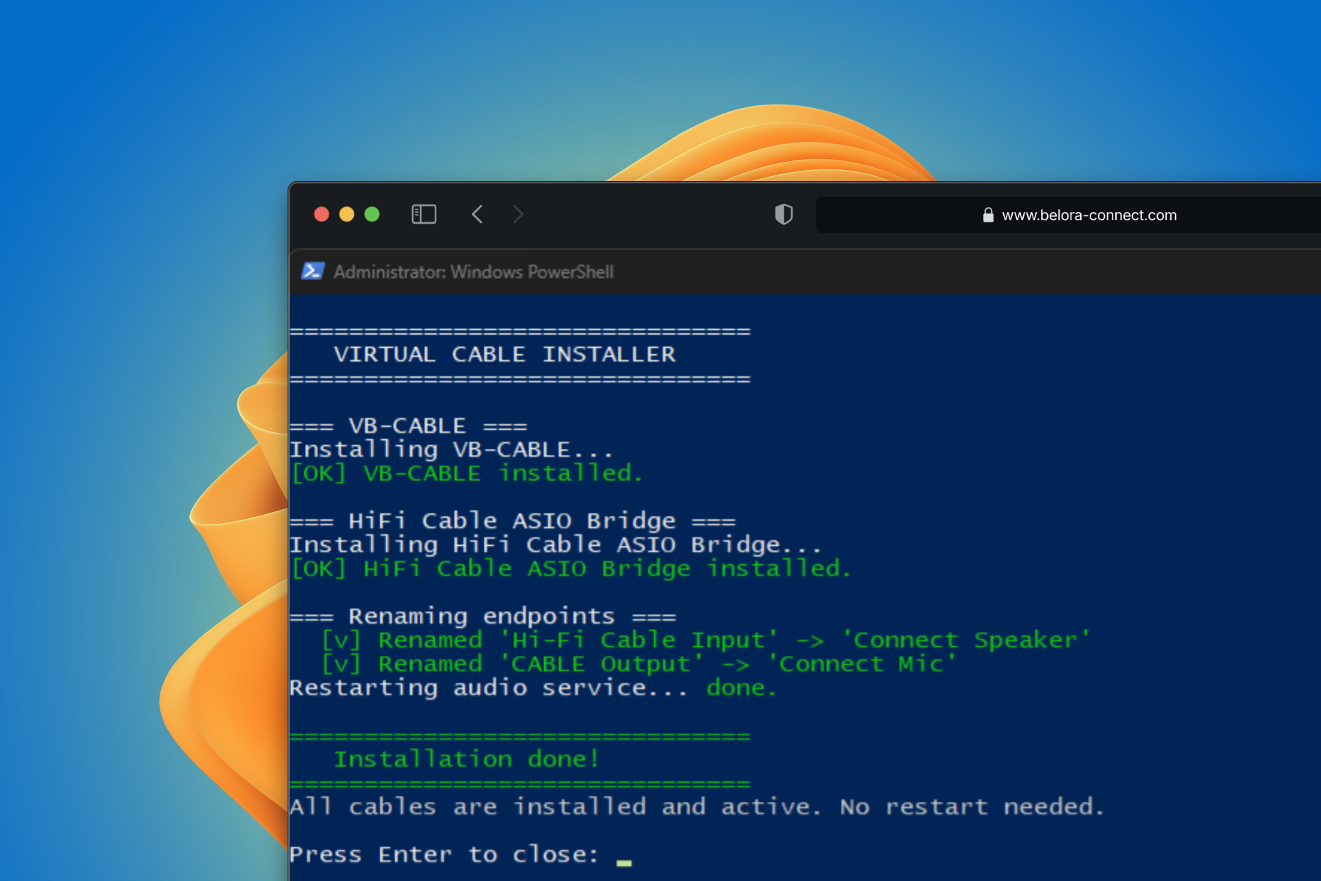 The PowerShell installer window showing VB-CABLE and HiFi Cable installed, the devices renamed to Connect Speaker and Connect Mic, and 'Installation done!'.