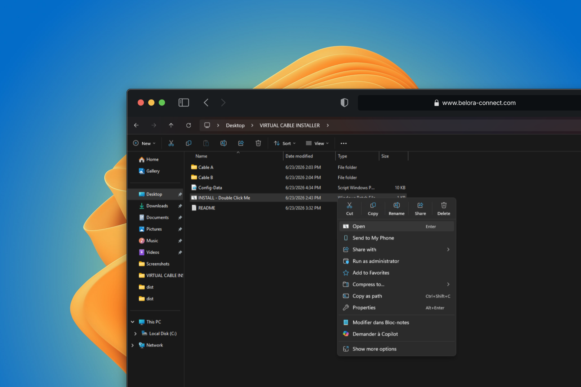 The VIRTUAL CABLE INSTALLER folder in File Explorer, with the INSTALL – Double Click Me file selected and the right-click menu open showing Open and Run as administrator.