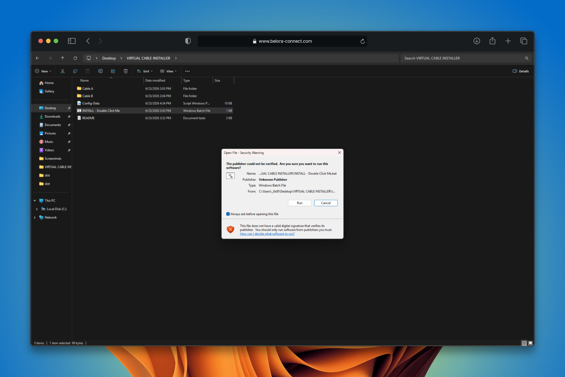 Windows 'Open File - Security Warning' dialog for INSTALL – Double Click Me.bat, with a Run button.